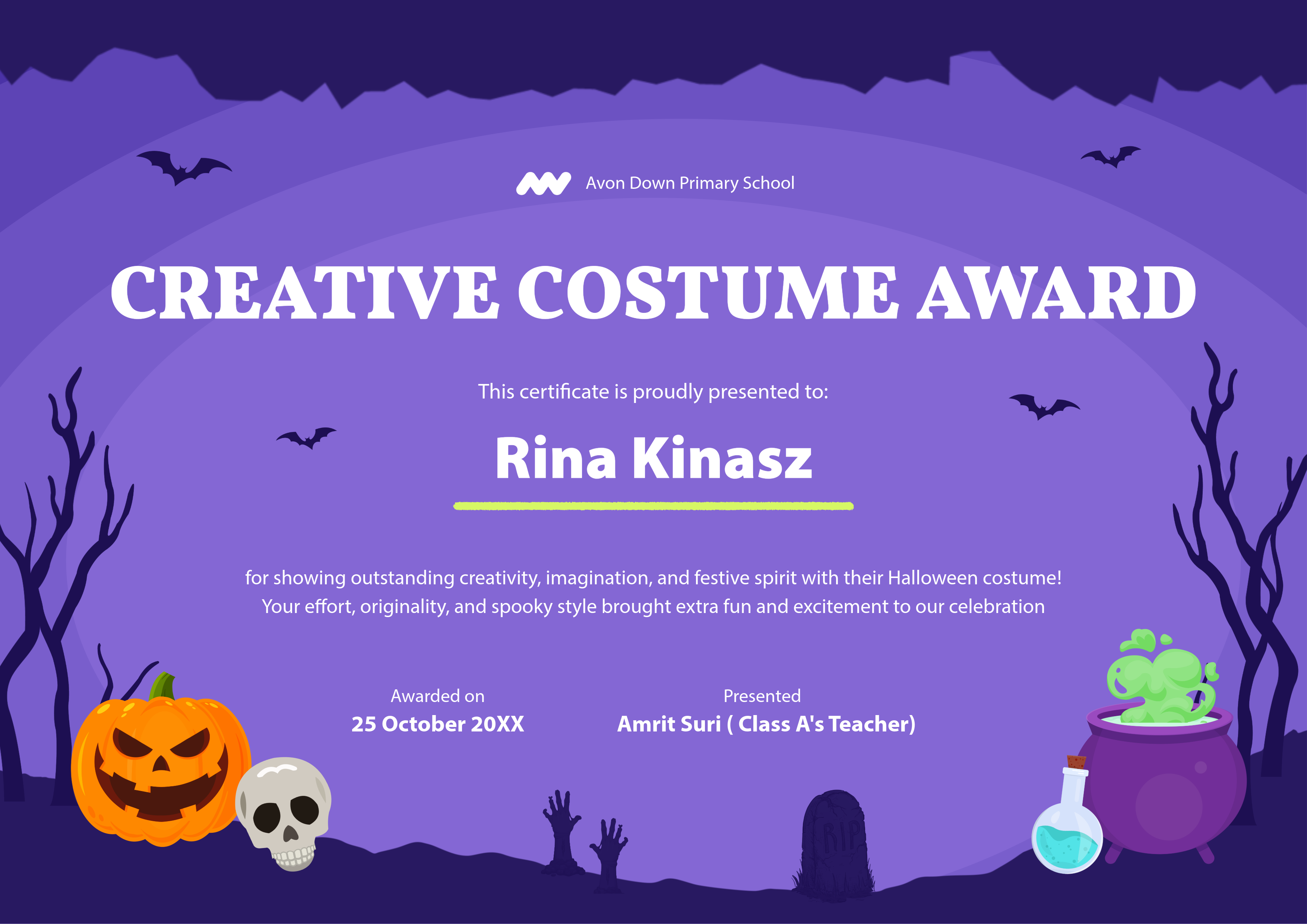 Purple and White Student Halloween Costume Certificate
