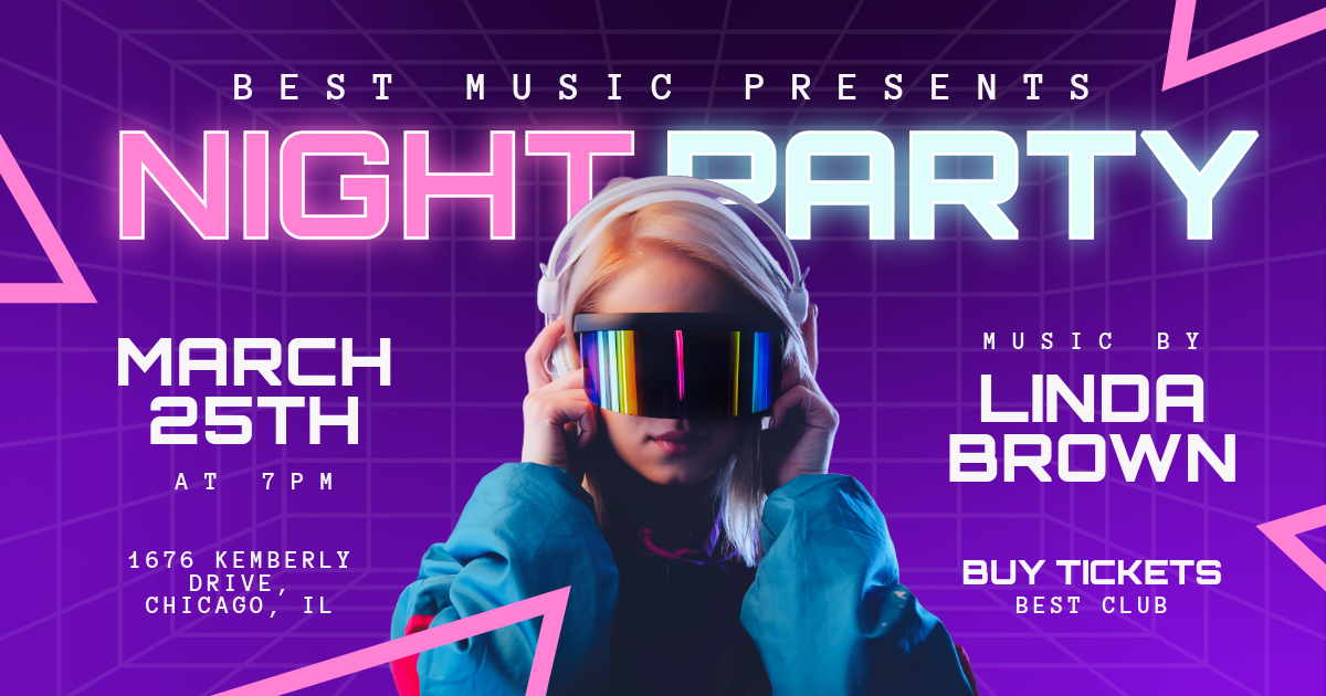 Purple Neon Retro Night Party Event Facebook Event Cover