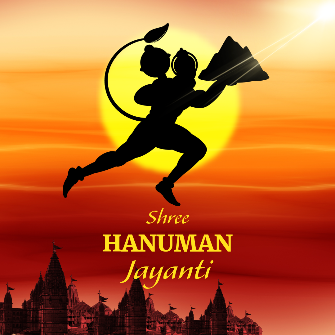 Yellow and orange Instagram Square Post template for  Shree Hanuman Jayanti religious celebration of India