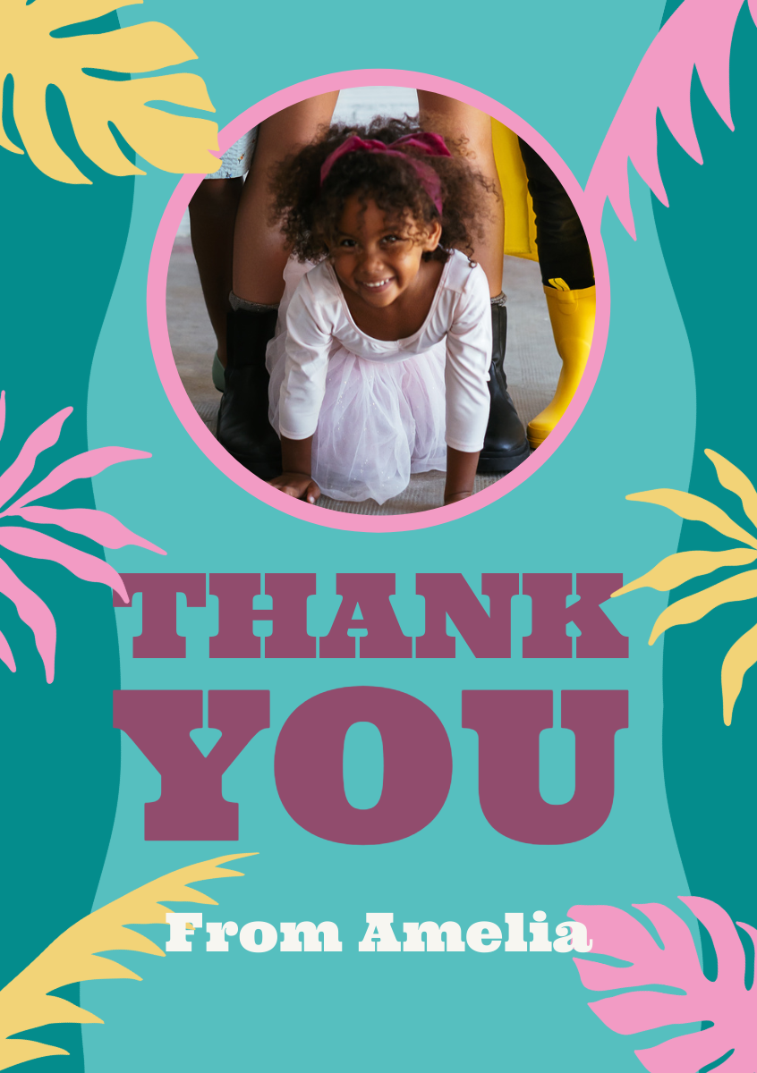 Green Yellow Pink Jungle Birthday Party Thank You Card