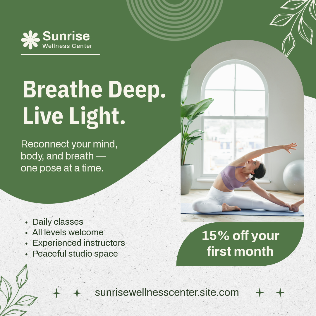 Beige And Green Eco Minimalism Yoga Daily Class Offer Facebook Feed Ad
