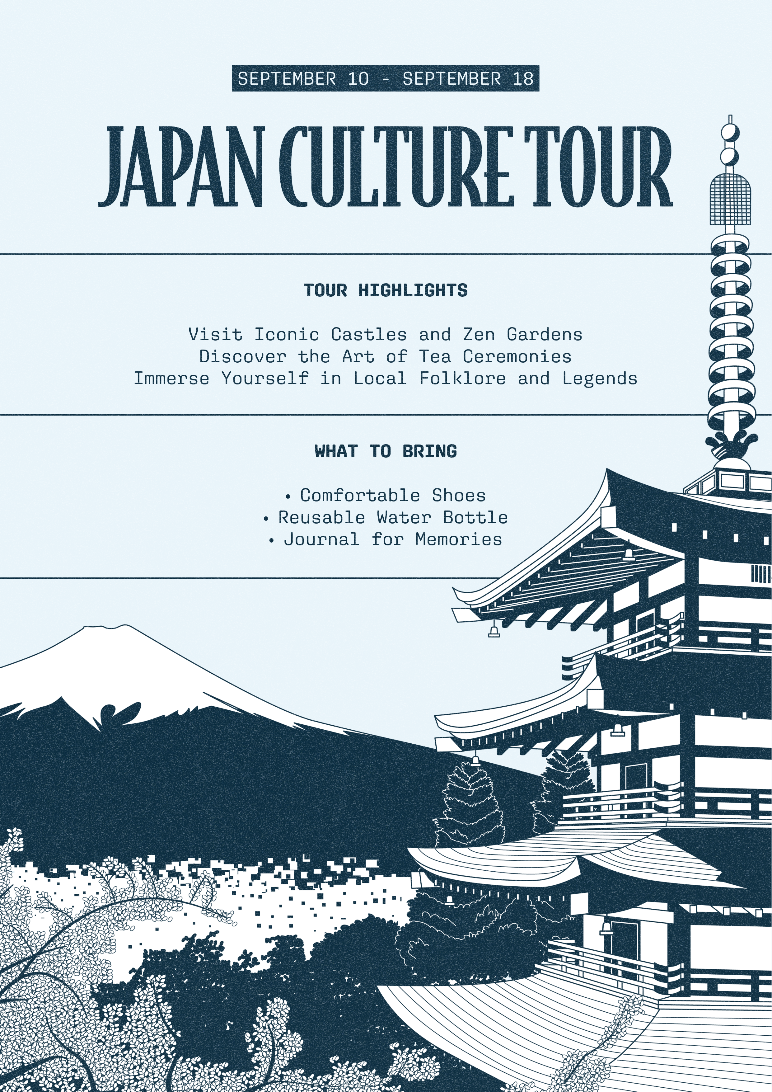 blue and grey japan culture tour flyer