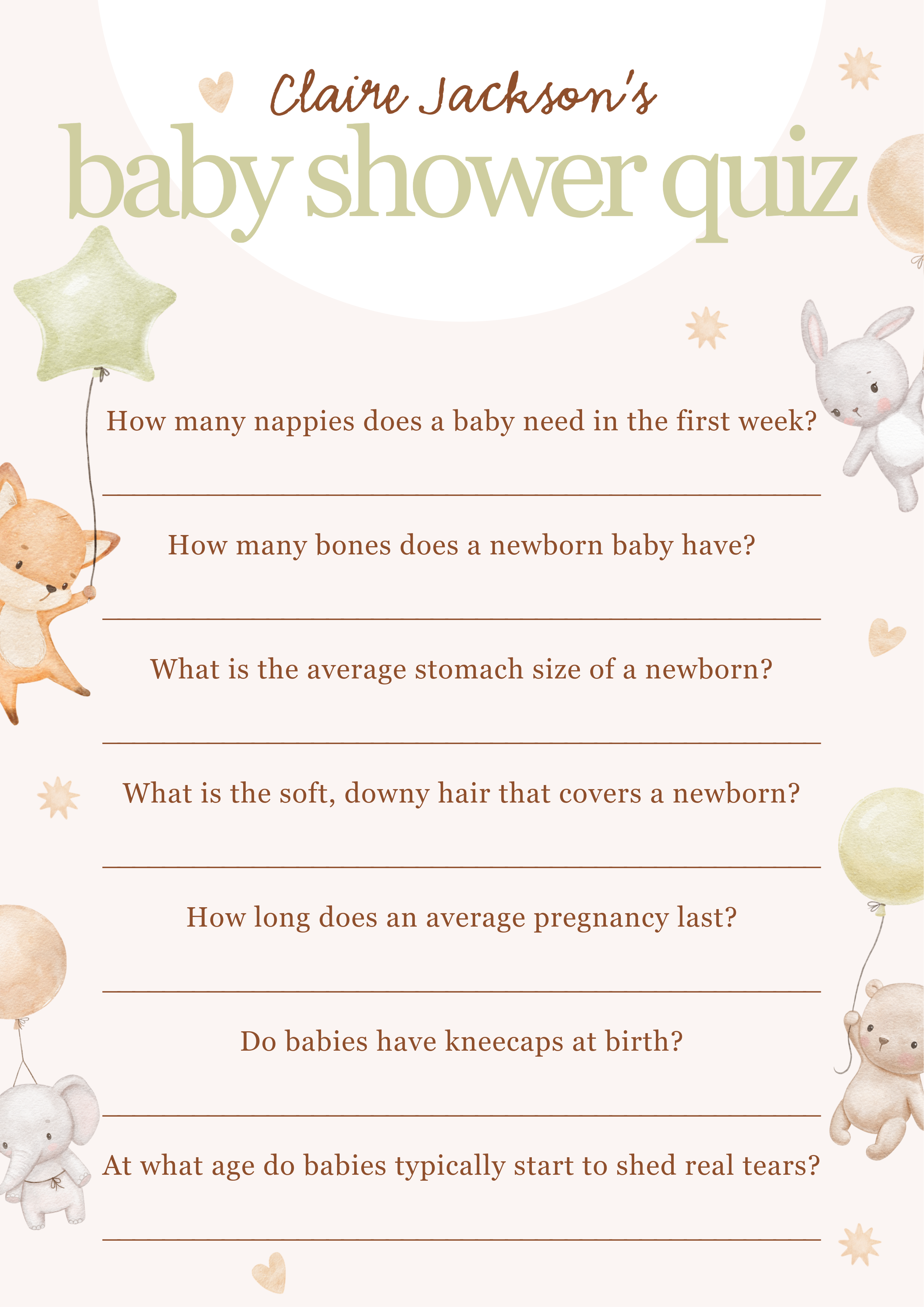 Cream Green and Brown Cute Baby Shower Worksheet