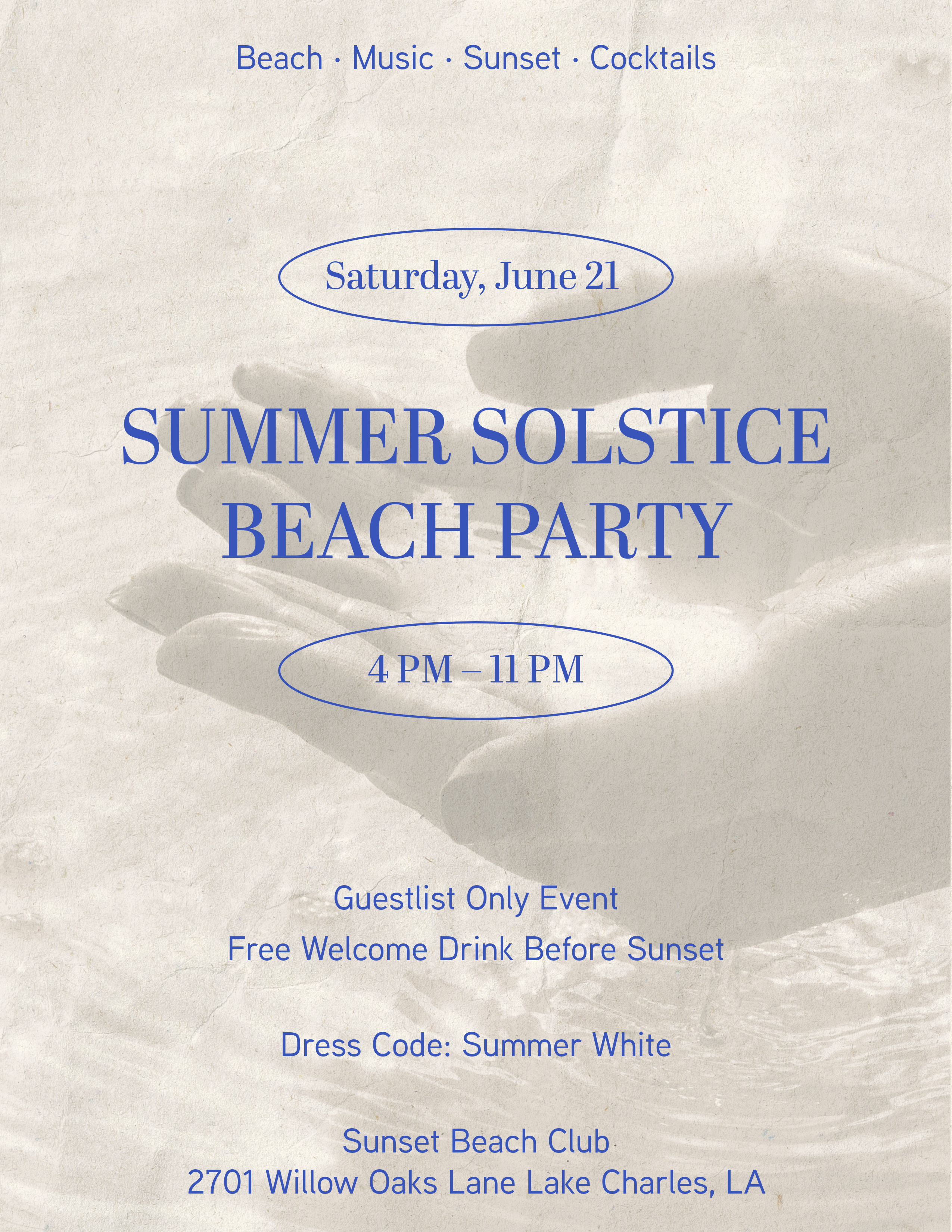 Beige and Blue Summer Solstice Beach Party Flyer