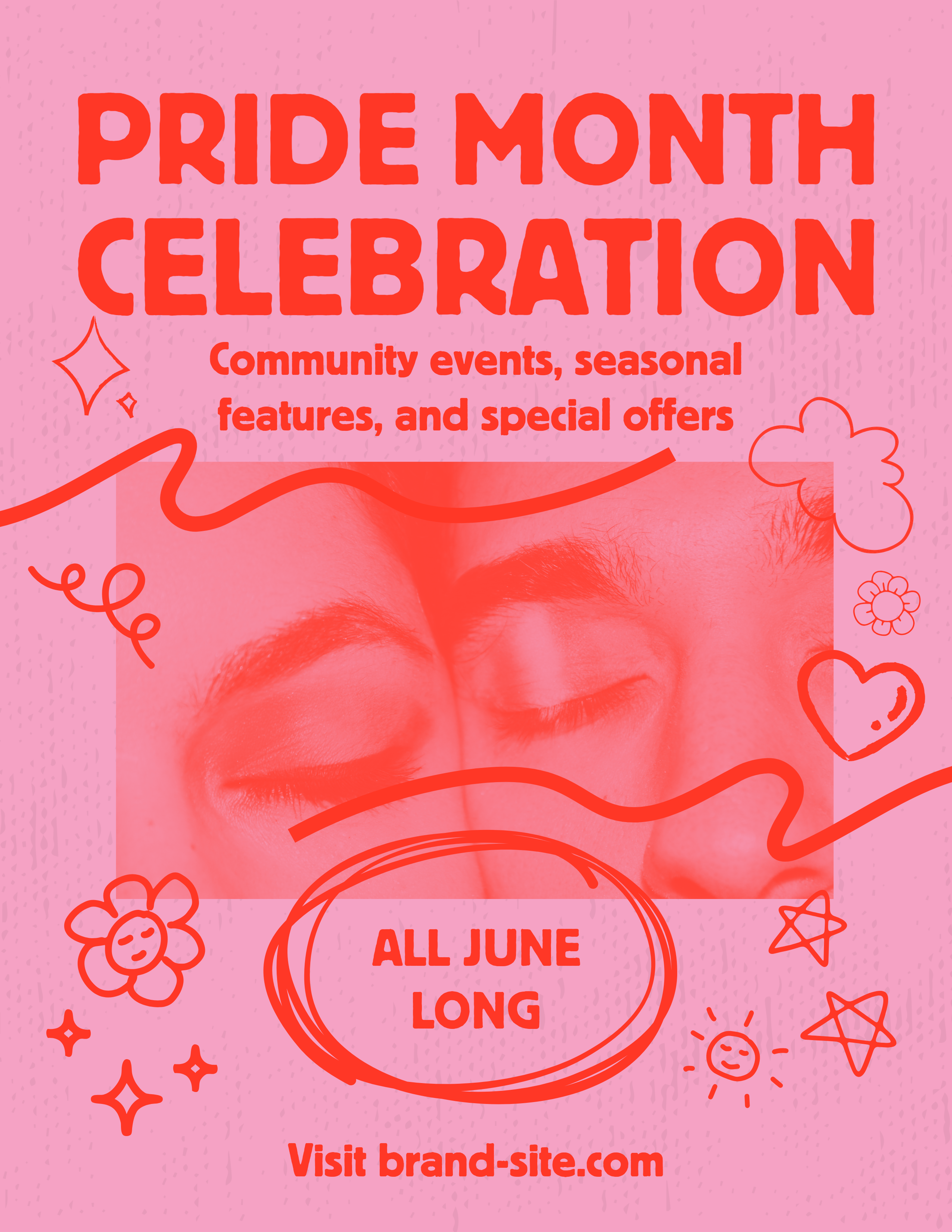 Pink and Red Nostalgic Doodle Pride Month Celebration Flyer